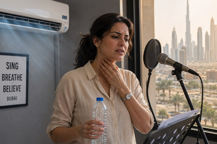 Singer experiencing vocal dryness from Dubai air conditioning during a vocal practice session