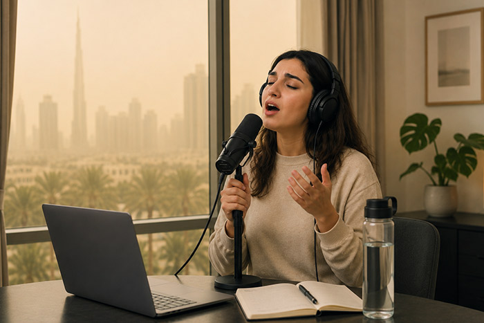 Woman practicing singing at home in Dubai