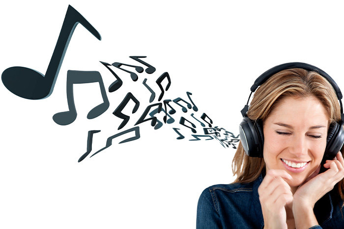 Woman enjoying music through headphones with musical notes, symbolising ear training and vocal development